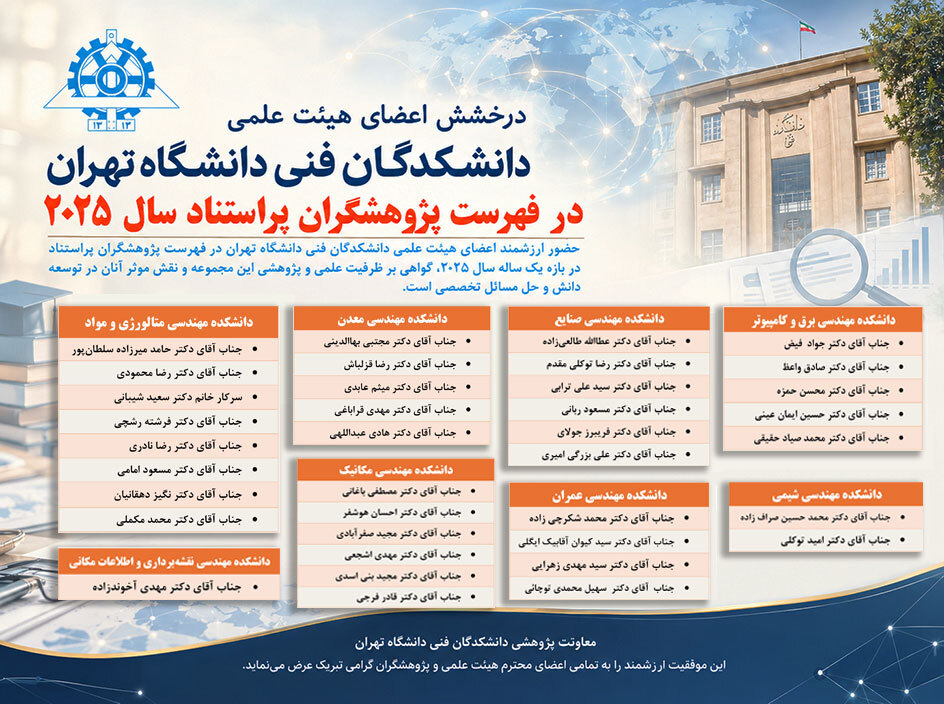 درخشش اعضای هیئت علمی دانشکدگان فنی دانشگاه تهران در فهرست پژوهشگران پراستناد سال ۲۰۲۵