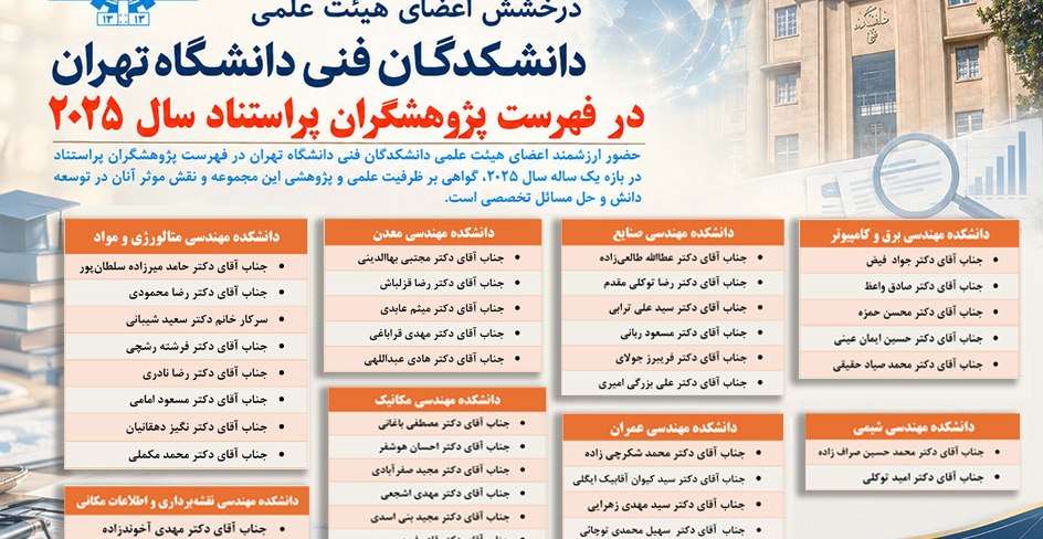 درخشش اعضای هیئت علمی دانشکدگان فنی دانشگاه تهران در فهرست پژوهشگران پراستناد سال ۲۰۲۵